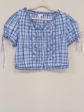 NWT Free Assembly XL Blue Plaid Embroidered Puff Sleeve Top Cottagecore Peasant